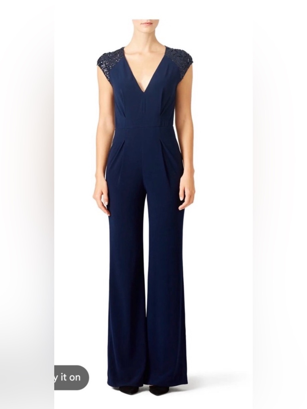 Halston Heritage Cap-Sleeve Navy Jumpsuit with Embellished Shoulders